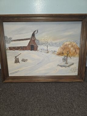 Winter Barn Landscape Oil Painting - Signed by Evalyn Taylor